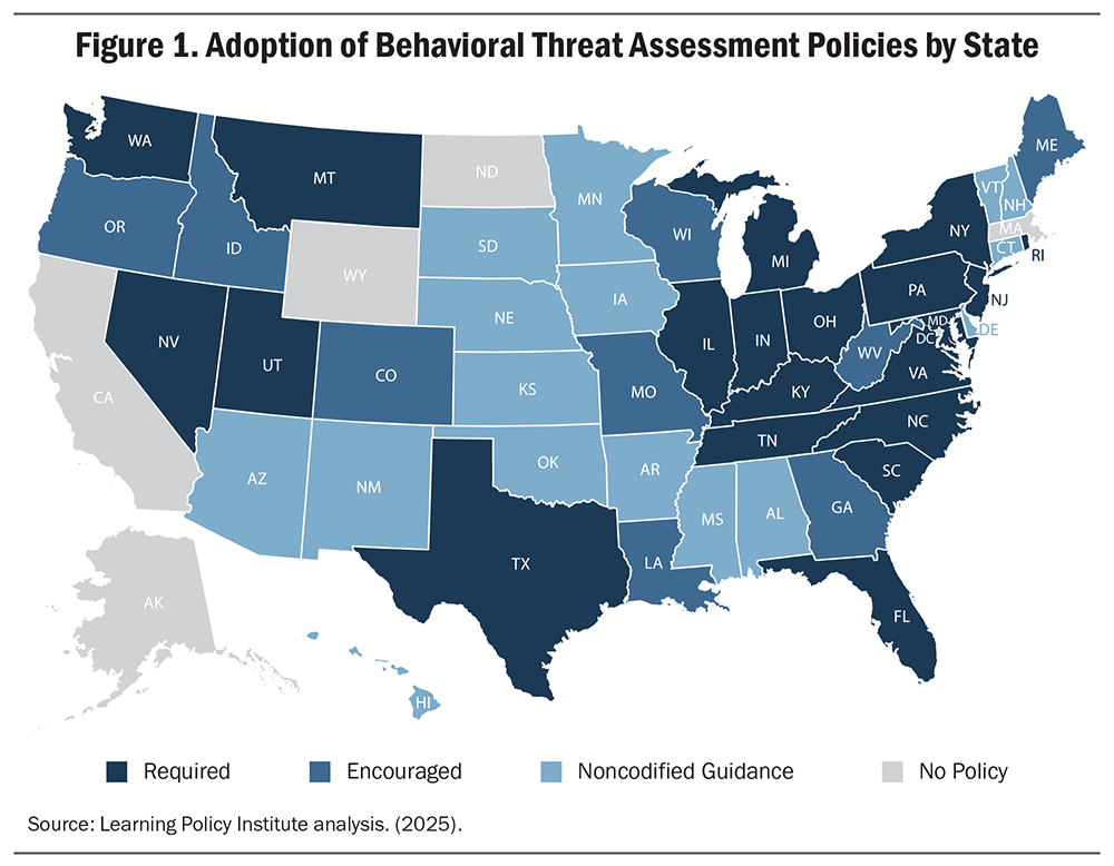 Map of United States showing adoption of Behavioral Threat Assessment policies by state