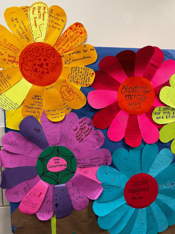 A photograph of bright and colorful paper flowers hanging together on a school wall. The flowers have decorative writing on their petals and centers.
