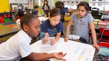 Female elementary students work on poster.