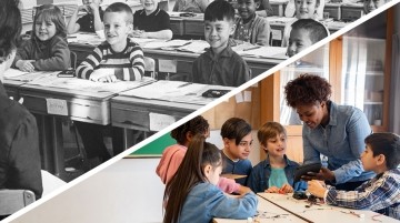 A collage of a conventional classroom with children seated quietly and a group of students dynamically working with a teacher.