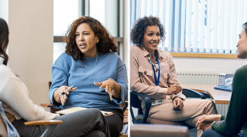 Collage of two photos that feature women speaking in a classroom setting.