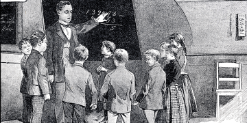 19th century illustration of math teacher and students in front of blackboard