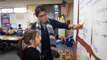 Teacher pointing to poster to help a student