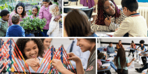Collage of photos of students and teachers in different school settings and activities