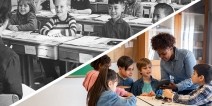 A collage of a conventional classroom with children seated quietly and a group of students dynamically working with a teacher.