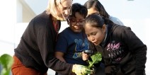 A teacher holding a plant while students view it with a microscope.