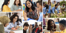 Collage of student teachers and professors working collaboratively.