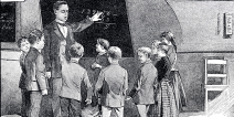 19th century illustration of math teacher and students in front of blackboard