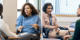 Collage of two photos that feature women speaking in a classroom setting.